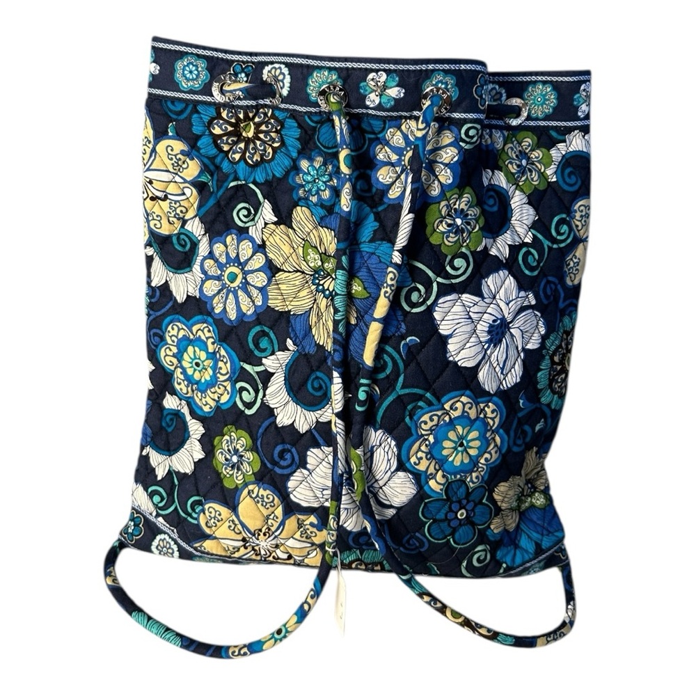 Vera Bradley Mod Blue Floral 100% Quilted Cotton Drawstring Backpack Bag Large - Picture 4 of 9